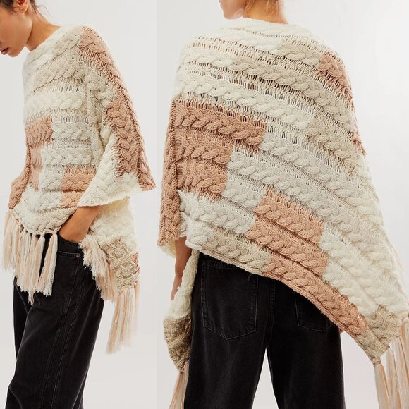 NEW Free People Revelry Cable Fringe Poncho Sweater Top Neutral OS Rare Bohemian - Picture 6 of 15